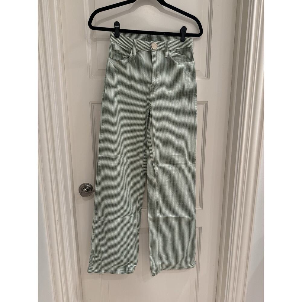 Magasin du Nord Womens Organic Cotton Green/White Stripe Pants Pockets Button